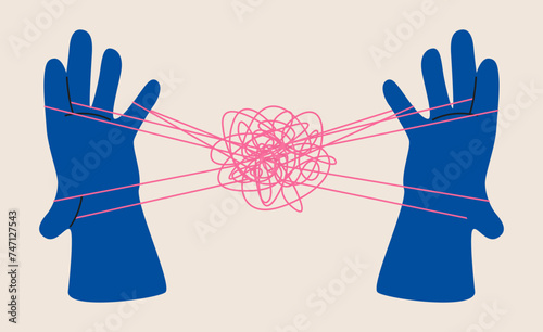 Mental health, hands holding puppet strings with a thread of brain. Colorful vector illustration