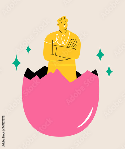 Concept of new beginning. Man stands in eggshell. Colorful vector illustration