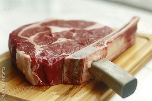 Premium Raw Tomahawk Steak on Butcher Block with Meat Hammer