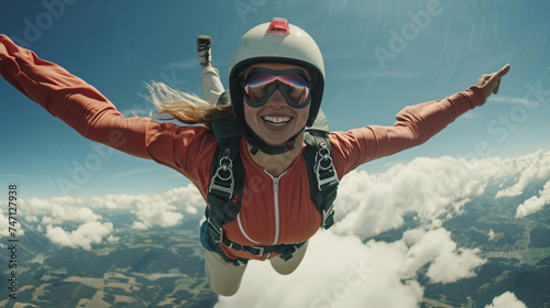 Young woman has fun skydiving in the sky.