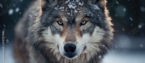 A wolf is seen walking through the snowy woods, its fur blending in with the white landscape. The wolfs paw prints are visible in the snow, indicating its journey through the forest. © AkuAku
