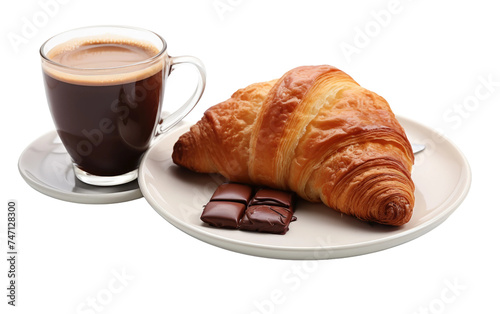 Croissant and Coffee Breakfast. A freshly baked croissant sits on a white plate next to a steaming cup of coffee. The buttery pastry is golden brown and flaky Isolated on a Transparent Background PNG.