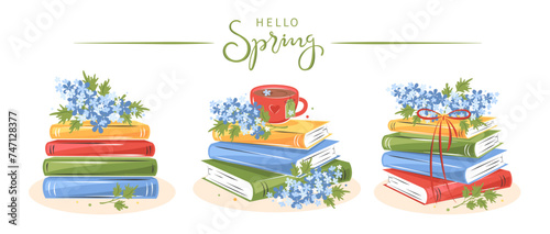 Books, сup of tea with spring flowers. Hello spring. Set of reading elements for bookshop, library, bookstore or education. Vector illustration on white background