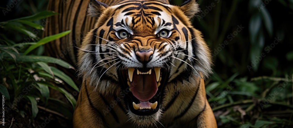 In this intense scene, a Sumatran tiger bares its teeth and roars aggressively, showcasing its power and dominance in the wild. In this intense scene, a Sumatran tiger bares its teeth and roars aggressively, showcasing its power and dominance in the wild.