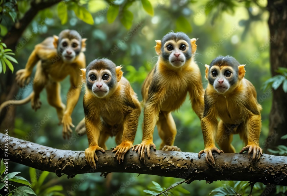 Playful Squirrel Monkeys Agile Friends in the Tropical Rainforest ai generated Playful Squirrel Monkeys Agile Friends in the Tropical Rainforest ai generated