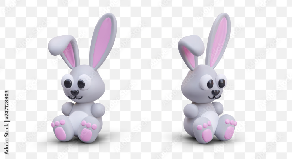 Fototapeta premium Cute 3D rabbit, view from different angles. Easter positive character, bunny, children toy