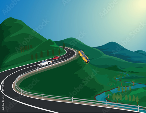 passenger bus falling into the cliff