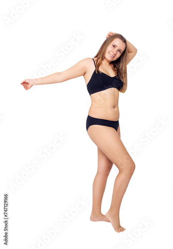 Confident woman with overweight natural body posing.