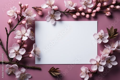 beautiful pink bouquet of branches spring flowers and white mockup postcard, flat lay