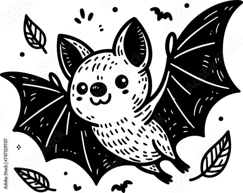 bat flying in cute animal doodle cartoon  children mascot drawing  outline   