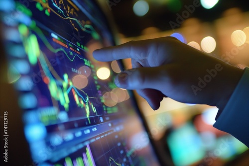 Wallpaper Mural A persons hand points to financial graph on a computer screen analyzing market trends or stock data Torontodigital.ca
