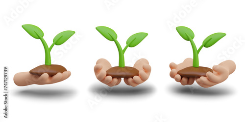 Hands hold soil with plant. Palms show germinated sprout
