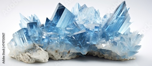 A cluster of blue crystals, likely blue topaz with quartz and muscovite in albite, sits atop a rock in this mineralogical museum display. The crystals glisten under the light, showcasing their natural photo