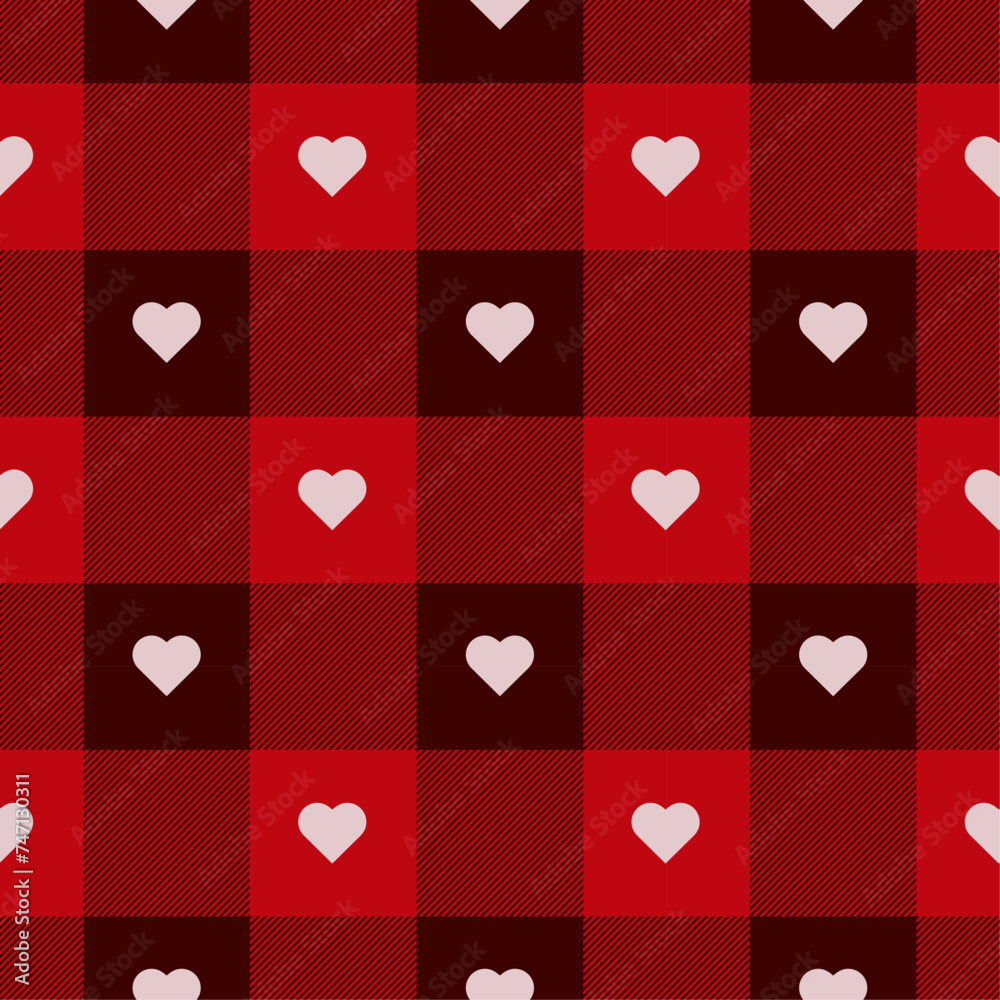 Fashion check plaid pattern with hearts Black and Red Check Checked. Gingham Pattern Editable Stroke. Buffalo plaid for Cartoon Illustration, Mat, Fabric, Textile, Scarf, Wrapping Paper.