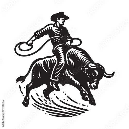 Rodeo. Cowboy riding a bull. Old vintage engraving illustration. Hand drawn outline graphic. Logo, emblem, icon. Isolated object, cut out. black and white	
