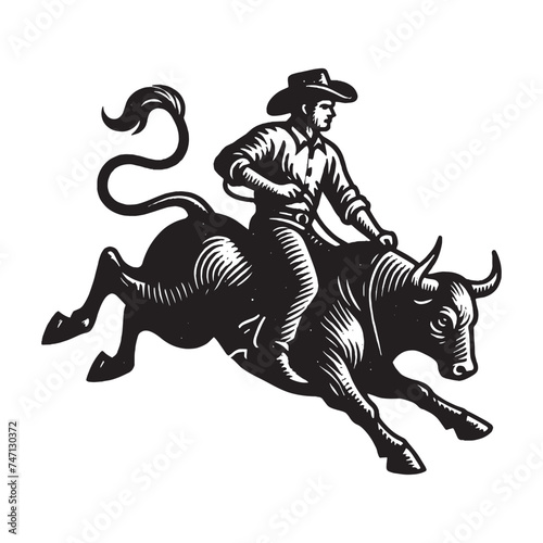 Rodeo. Cowboy riding a bull. Old vintage engraving illustration. Hand drawn outline graphic. Logo  emblem  icon. Isolated object  cut out. black and white 