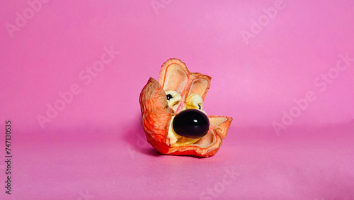 Hacked Ackee fruit on a pink background