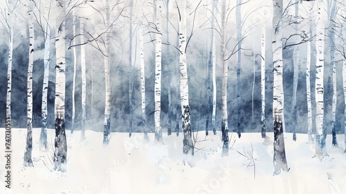 Birch trees in watercolor, serene and stark, white backdrop photo