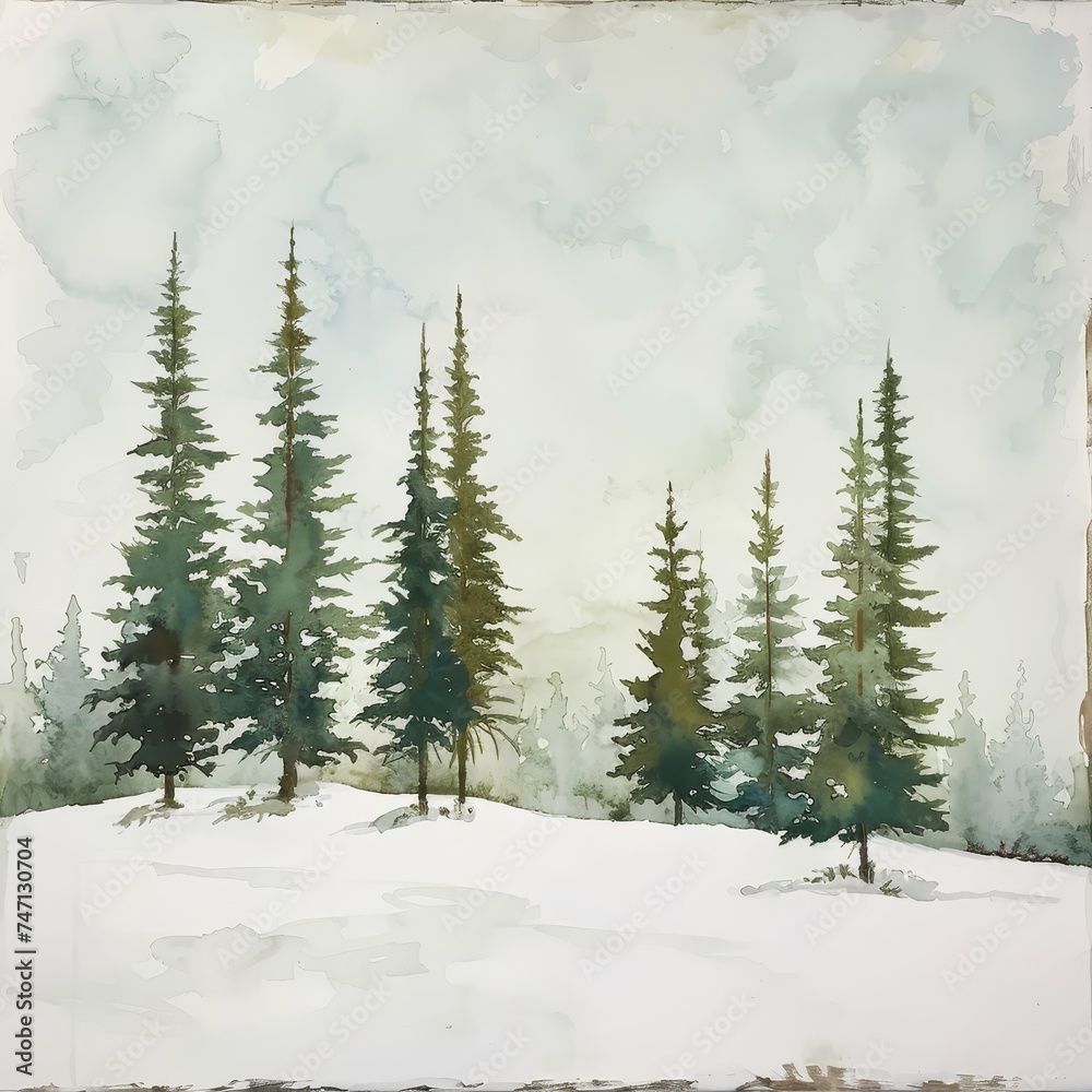 Pines watercolor whisper, evergreen solitude, white isolation