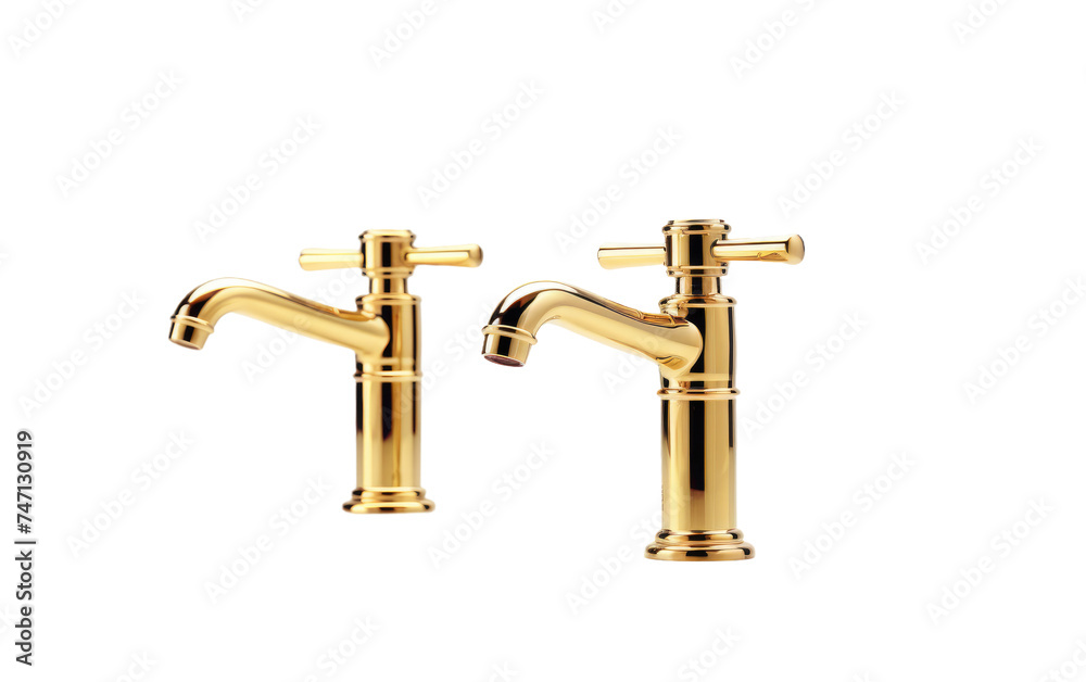 Pair of Gold Faucets. This photo features a pair of shiny gold gleam under bright lighting, showcasing their elegant design and luxurious finish. Isolated on a Transparent Background PNG.