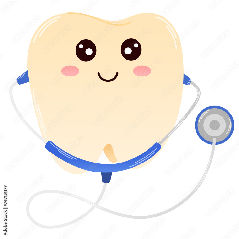 Happy tooth. Cartoon dental character. Cute dentist mascot. Oral health and dental inspection teeth. Medical dentist tool. Hand draw vector illustrations