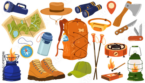 Camping, hiking items set. Tourism and adventure accessories. Summer travel and picnic stuff. Holiday backpack, campfire, hiking shoes, lanterns, burners, axe, map, knives. Vector illustration