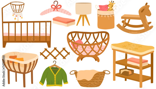Children's interior items. Furniture for the newborn's nursery. Baby crib, baby carrier, bed, changing table, children's toys and clothes. Hand drawn Vector isolated illustrations