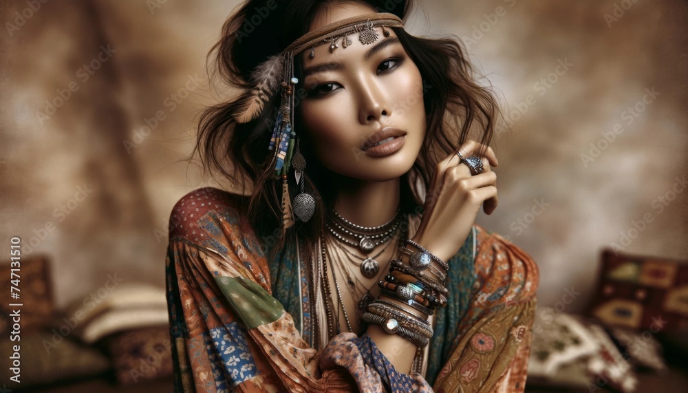 Portrait of young beautiful Asian woman with bohemian style clothing. Her accessories include a variety of layered necklaces, bracelets, and a headband adorned with feathers and beads. Portrait of young beautiful Asian woman with bohemian style clothing. Her accessories include a variety of layered necklaces, bracelets, and a headband adorned with feathers and beads.