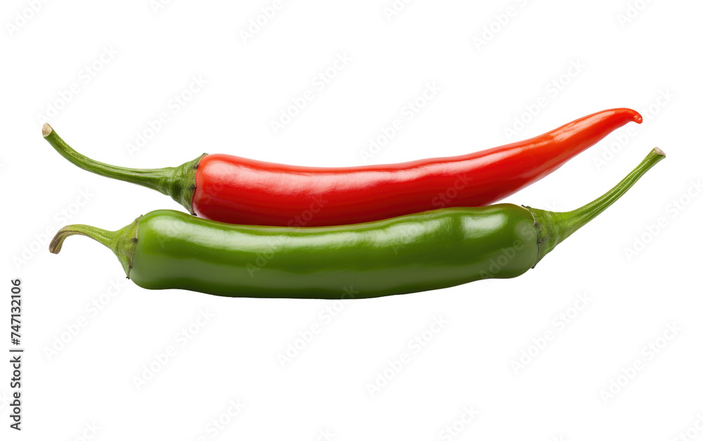 Two Red and Green Peppers. This photo shows two vibrant red and green peppers. The peppers are shiny and fresh, contrasting beautifully. Isolated on a Transparent Background PNG.