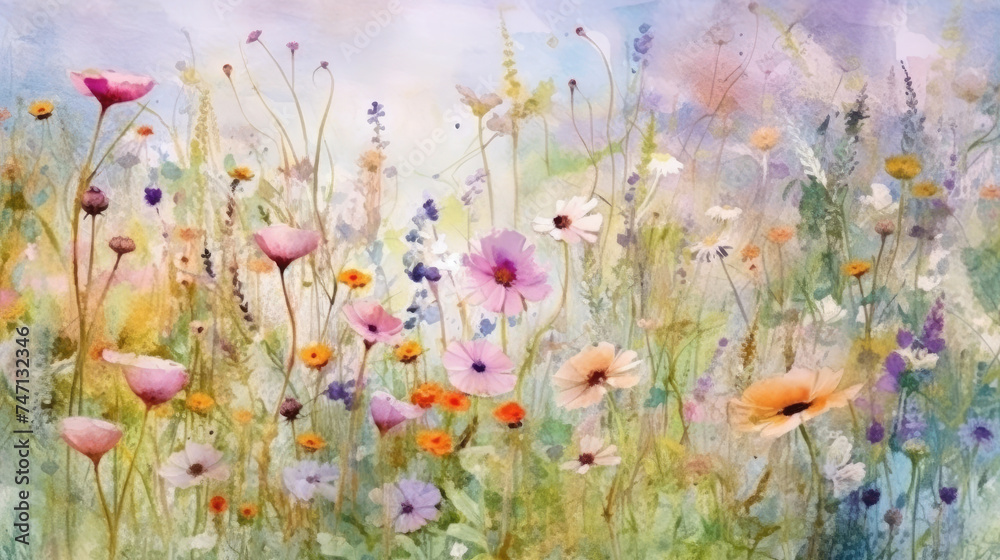 Watercolor wildflowers floral illustration - summer flower, blossom, poppies, chamomile, dandelions, cornflowers, lavender, violet, bluebell, clover, buttercup, butterfly. Generative AI