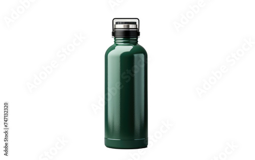 A green stainless steel water bottle stands upright. The design is sleek and modern, with a durable and eco-friendly construction. Isolated on a Transparent Background PNG.