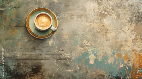 A cup of Cappuccino on grunge wooden background