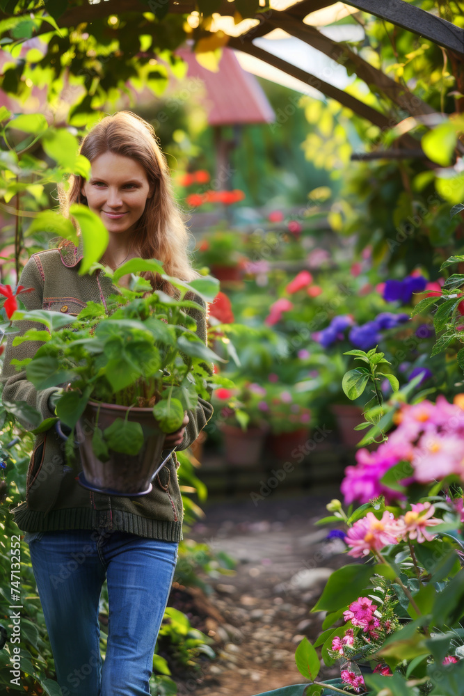 Young woman working in greenhouse. She selecting garden flowers Young woman working in greenhouse. She selecting garden flowers