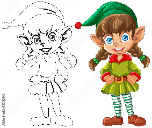 Colorful and line art versions of a Christmas elf.