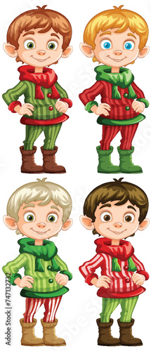 Four cheerful elves dressed in holiday outfits.