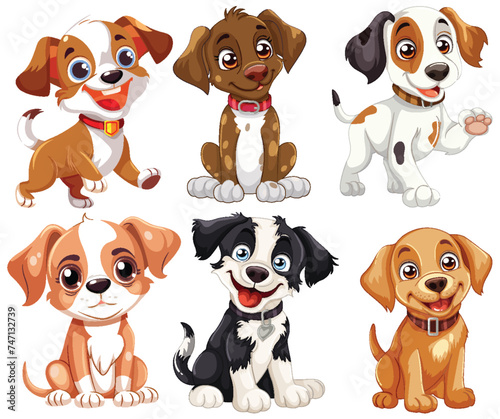Six cute cartoon puppies with various expressions.
