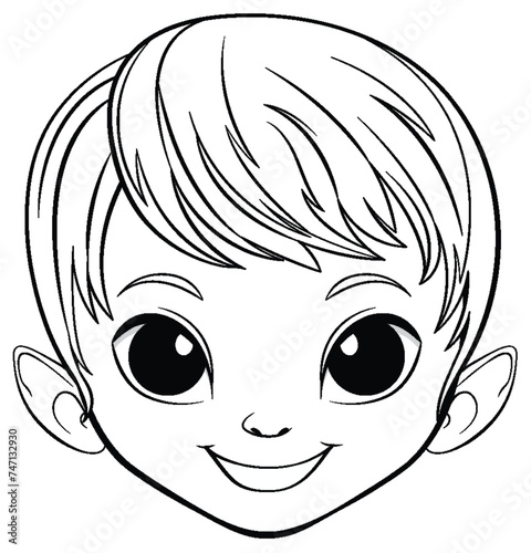 Black and white line art of a smiling elf child.