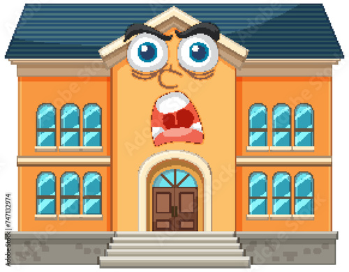 Colorful vector illustration of a house with eyes and mouth