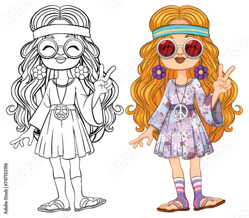 Colorful and black-and-white hippie girl with peace sign.
