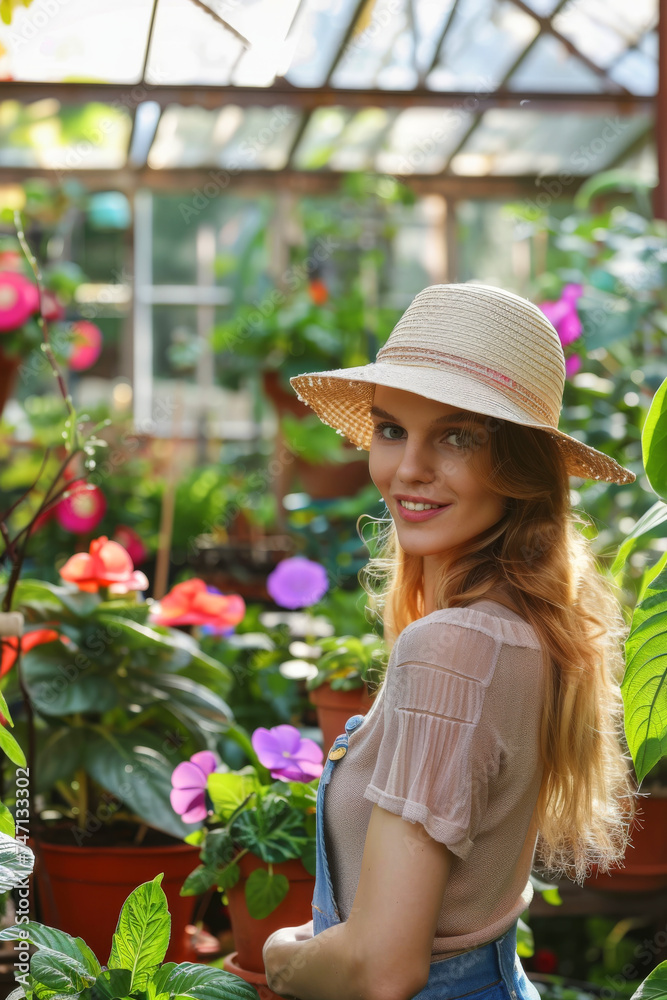 Young woman working  in greenhouse. She selecting garden flowers