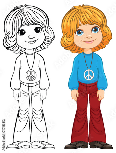 Cartoon girl with peace symbol, colored and outlined.