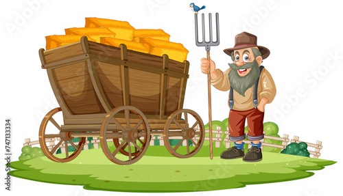 Smiling farmer standing next to a loaded hay wagon.