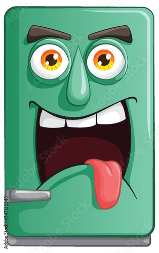 Animated fridge with a playful, cheeky expression.