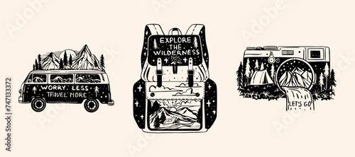 Set of camping badges, patches. Vector illustration. Concept for logo, print, stamp. Vintage typography design with camping equipment, forest, camper and mountain silhouette.