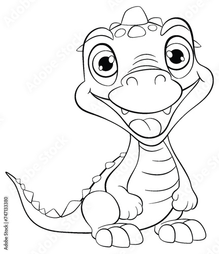 Black and white illustration of a happy baby dinosaur.