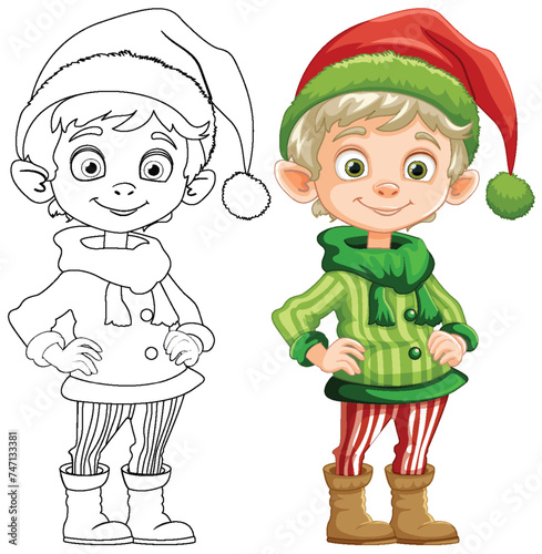 Colorful vector illustration of a smiling Christmas elf.