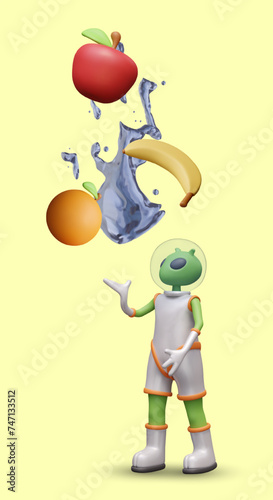 Green alien in spacesuit throws fruit up. Realistic water splashes  apple  banana  orange