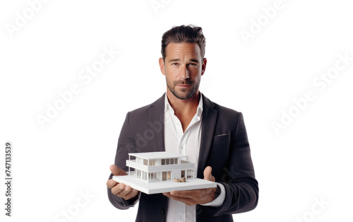Man Holding Model of House. A man is holding a small model of a house in his hands, examining it closely. He appears to be studying the design and details. Isolated on a Transparent Background PNG.