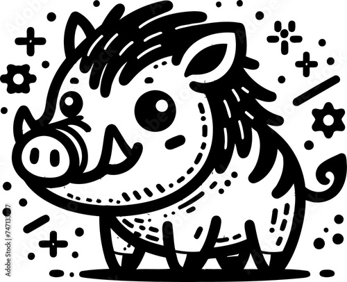 pig, hog in cute animal doodle cartoon, children mascot drawing, outline,
