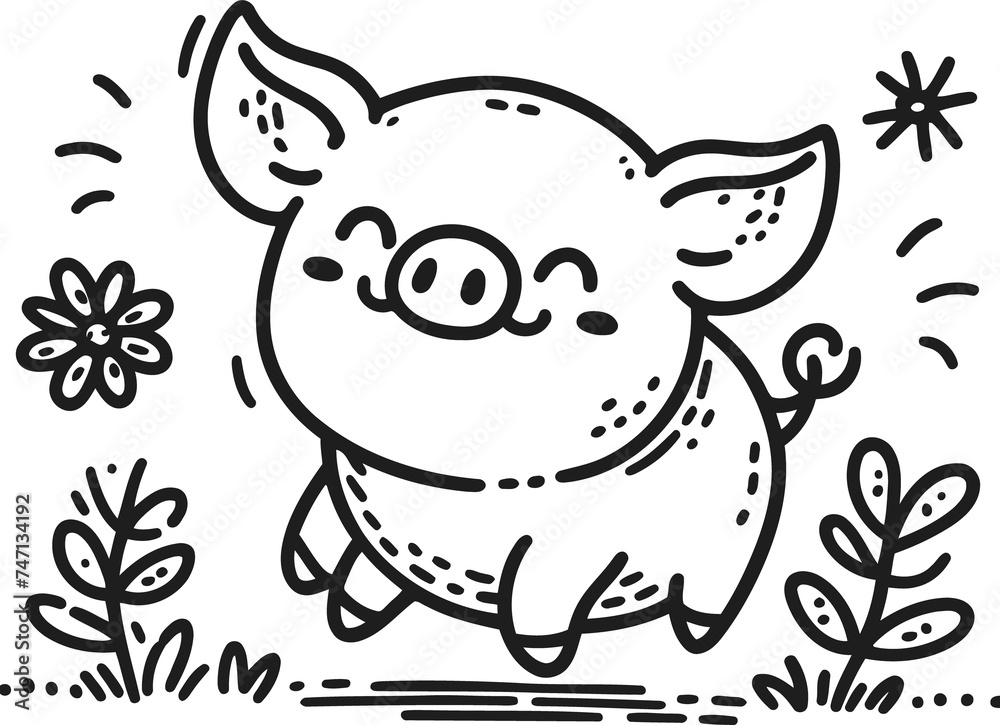 pig, hog in cute animal doodle cartoon, children mascot drawing, outline,